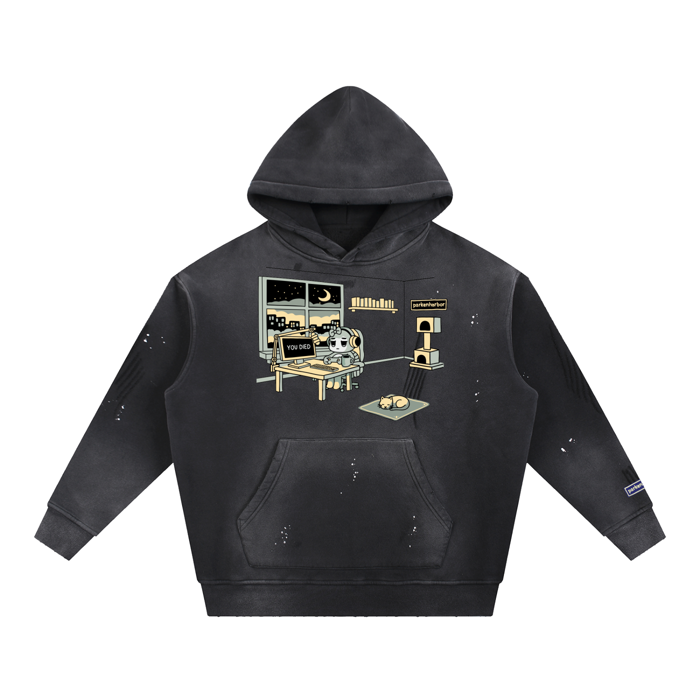 parkenharbor - Dark Vintage Washed Frayed Fleece Hoodie - Bedroom (Beige) - TantrumCollectibles.com