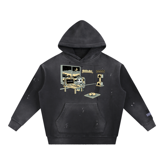 parkenharbor - Dark Vintage Washed Frayed Fleece Hoodie - Bedroom (Beige) - TantrumCollectibles.com