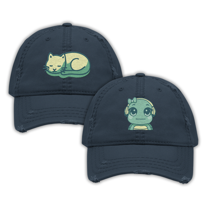 parkenharbor - Distressed Dad Hat - Green Headphones & Cat - TantrumCollectibles.com
