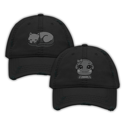 parkenharbor - Distressed Dad Hat - Grey Headphones & Cat - TantrumCollectibles.com
