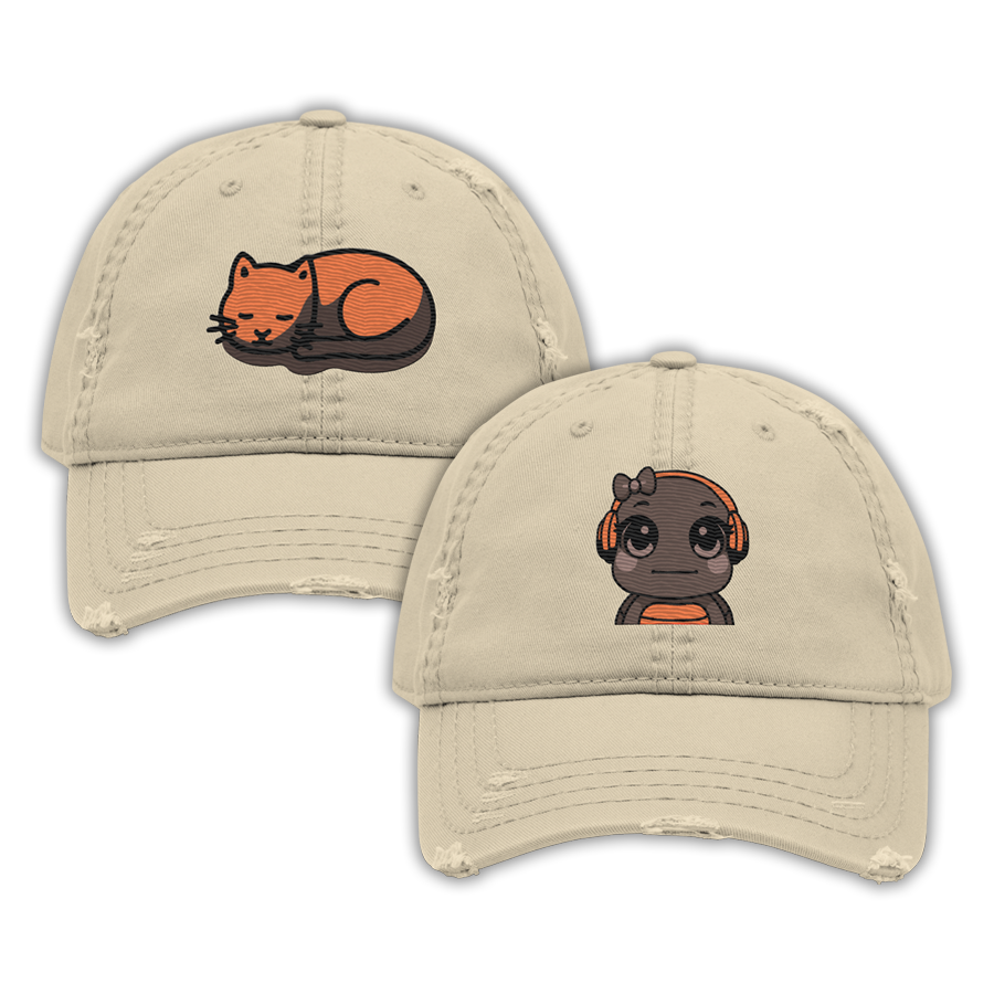 parkenharbor - Distressed Dad Hat - Orange Headphones & Cat - TantrumCollectibles.com