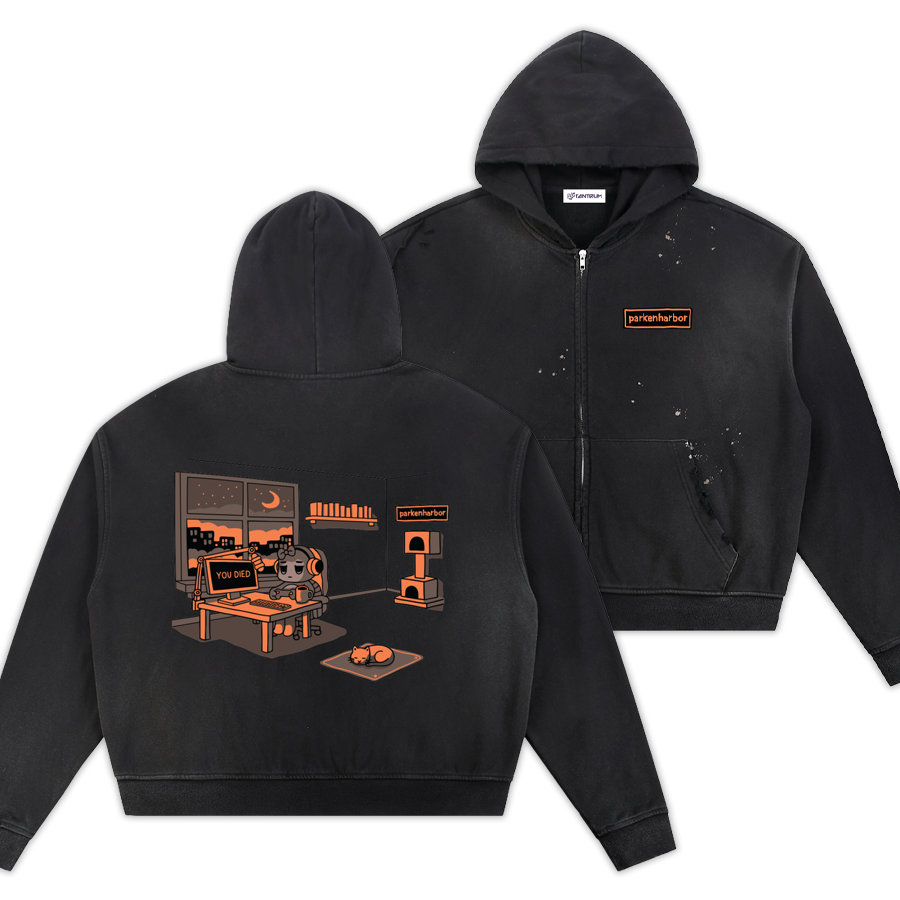 parkenharbor - Sun Fade Frayed Fleece Zip Hoodie - Orange Bedroom - TantrumCollectibles.com